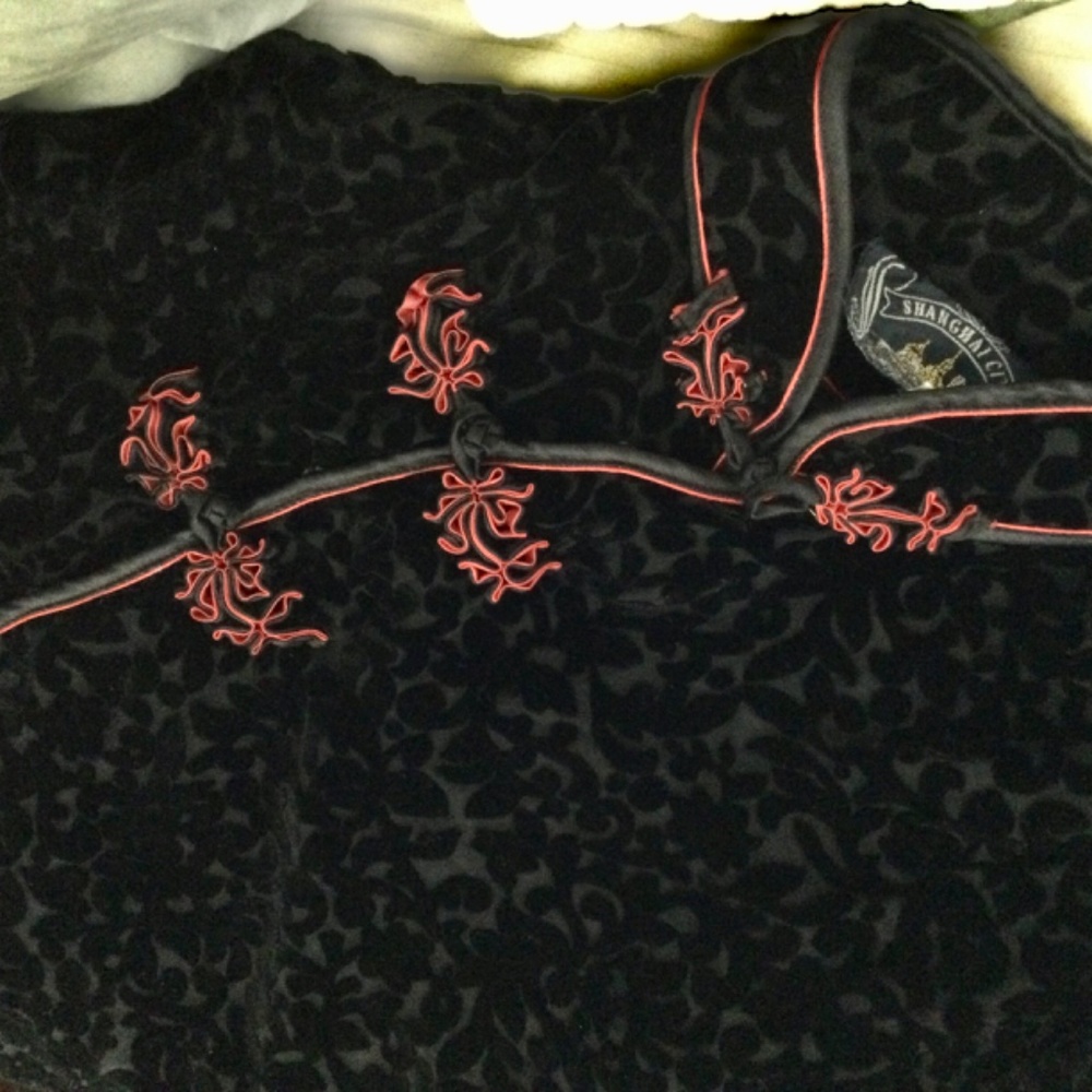 Vintage CITY  of SHANGHAI 100% Silk Black w/ red trim L - Picture 13 of 13